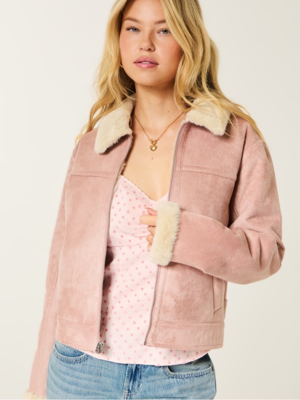 Hollister Blush Faux-Suede Jacket with Cream Faux Fur Collar - Size Small - Picture 2 of 9